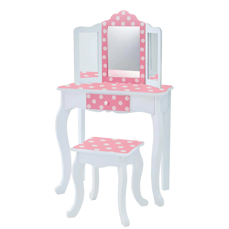 Teamson Kids Princess Gisele Polka Dot Print 2-Piece Kids Wooden Play Vanity Set with Vanity Table Tri-Fold Mirror Storage Drawer and Matching Stool White with White/Pink Polka Dot Accent