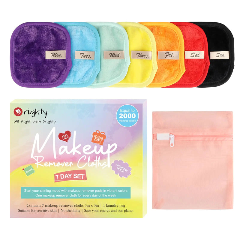 Orighty Makeup Remover Cloths 7-Day Set Premium & Reusable Makeup Remover Pads Erase Make-up With Just Water Make-up Set For Eyes Lips Foundation and more Ideal Choice For Women (Rainbow)