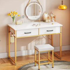 AODK Vanity Desk with 2 Fabric Drawers 40 Inch Makeup Vanity Without Mirror Small White Vanity Desk for Bedroom Makeup Vanity Table with Chair Girls Vanity Set White and Gold