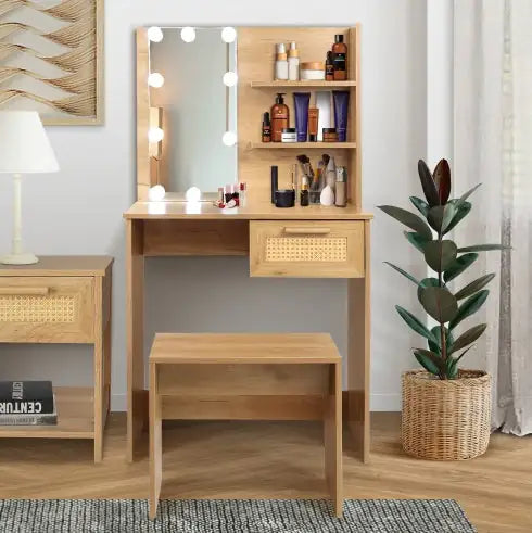Vanity Desk Set Stool & Dressing Table With LED Lighting Mirror Drawer And Compartments Modern Wood Cosmetic Table Chest Of Drawers Nature Color