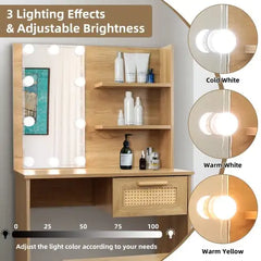 Vanity Desk Set Stool & Dressing Table With LED Lighting Mirror Drawer And Compartments Modern Wood Cosmetic Table Chest Of Drawers Nature Color