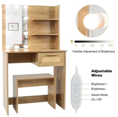Vanity Desk Set Stool & Dressing Table With LED Lighting Mirror Drawer And Compartments Modern Wood Cosmetic Table Chest Of Drawers Nature Color