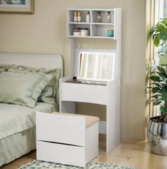 Dressing Table With Flip Top LED Illuminated Mirror, Vanity Table With Internal Storage Area, Makeup Vanity Dressing Table With Removable Upholstered Stool, Practical And Space-saving, Bedroom, White