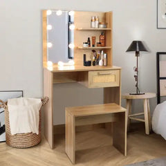 Vanity Desk Set Stool & Dressing Table With LED Lighting Mirror Drawer And Compartments Modern Wood Cosmetic Table Chest Of Drawers Nature Color