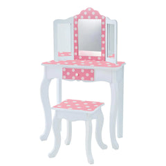 Teamson Kids Princess Gisele Polka Dot Print 2-Piece Kids Wooden Play Vanity Set with Vanity Table Tri-Fold Mirror Storage Drawer and Matching Stool White with White/Pink Polka Dot Accent
