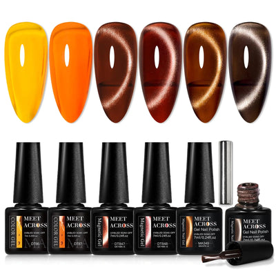 MEET ACROSS Cat Eye Gel Nail Polish Magnet Jelly Crystal Gel Nail Polish Kit Caramel Orange Amber Brown Grey Gel Polish Set with Magnetic Stick Glitter Gel Polish Fall Winter Gift