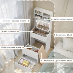 Dressing Table With Flip Top LED Illuminated Mirror, Vanity Table With Internal Storage Area, Makeup Vanity Dressing Table With Removable Upholstered Stool, Practical And Space-saving, Bedroom, White