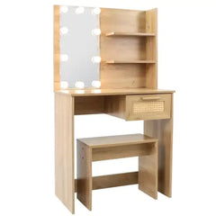 Vanity Desk Set Stool & Dressing Table With LED Lighting Mirror Drawer And Compartments Modern Wood Cosmetic Table Chest Of Drawers Nature Color
