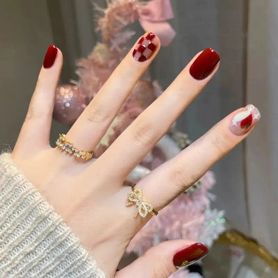 24 Pcs Red Glitter Fake Nails with Jelly Glue & Strip