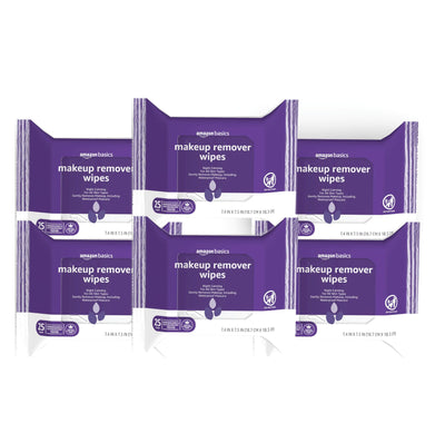 Amazon Basics Make Up Remover Wipes Night Calming 25 Count Pack of 6 (Previously Solimo)
