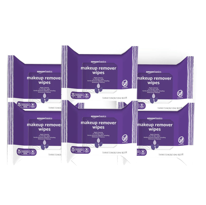 Amazon Basics Make Up Remover Wipes Night Calming 25 Count Pack of 6 (Previously Solimo)