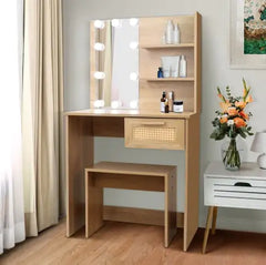 Vanity Desk Set Stool & Dressing Table With LED Lighting Mirror Drawer And Compartments Modern Wood Cosmetic Table Chest Of Drawers Nature Color